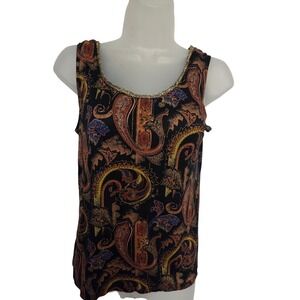 Vintage 90s Gregge Petite Women's Black Paisley Tank Top Gold Trim Petite Size